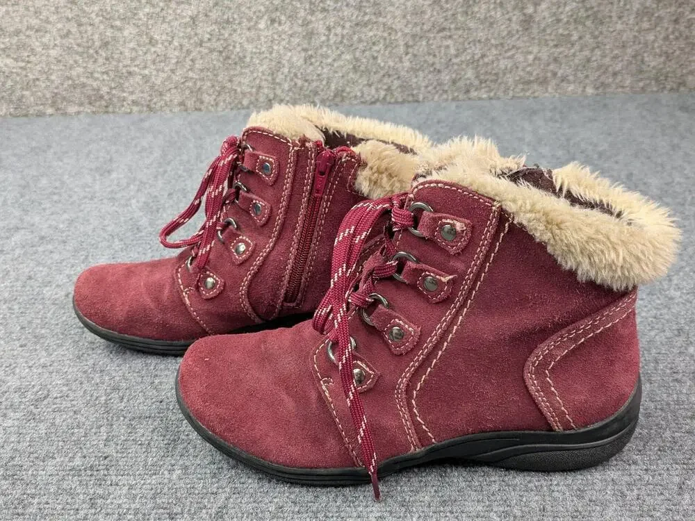 Earth Origins Boots Womens 8 Red Crowley Leather Faux Fur Ankle Zip Lace Up
